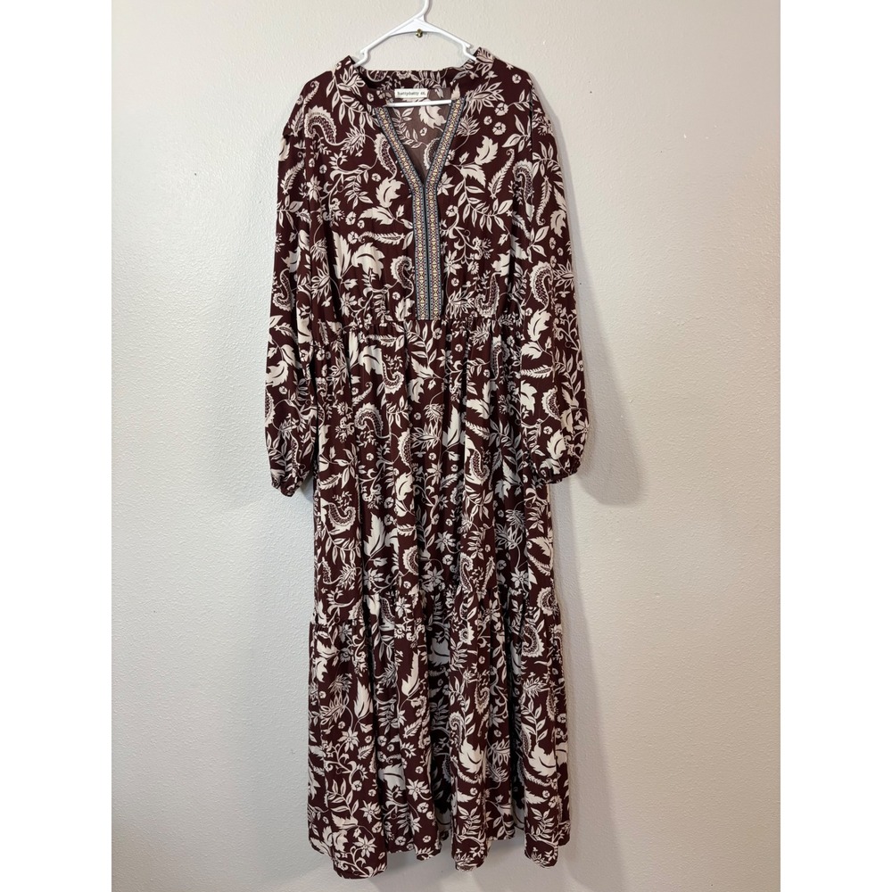 Rusttydustty Womens 4XL Burgundy Floral Paisley Embroidered Boho Maxi Dress